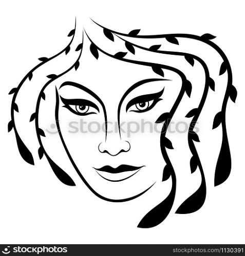 Abstract charming and sensual woman looking down with floral hair, isolated on the white background, black vector hand drawing