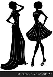 Abstract charming slender ladies in long and short gowns, hand drawing black stencil stylized vector silhouettes