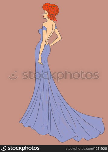 Abstract charming woman in transparent evening dress blue with closed eyes isolated on pale pink background