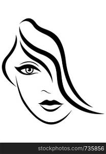 Abstract charming young lady with hair covering one eye, black vector hand drawing on the white background