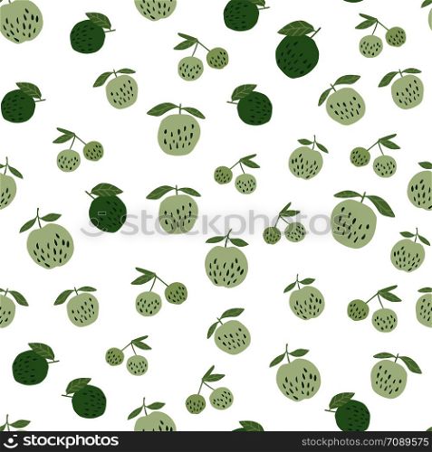 Abstract cherry berries and leaves seamless pattern. Hand drawn simple style cherries wallpaper. Design for fabric, textile print. Summer fruit berry wallpaper. Vector illustration.. Cherry berries and leaves seamless pattern illustration