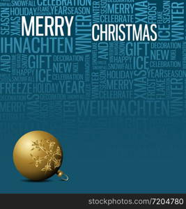 Abstract christmas card with season words on blue and golden bauble