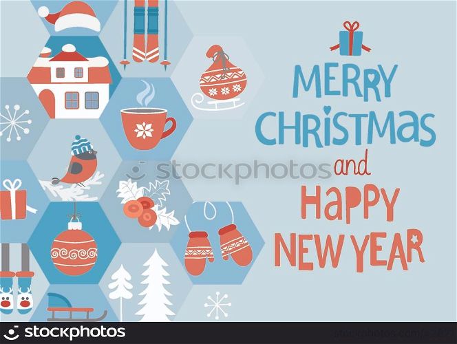 Abstract Christmas Greeting Card. Merry Christmas and Happy New year lettering. Winter icons set. Vector illustration.. New Year and Christmas Greeting Card.
