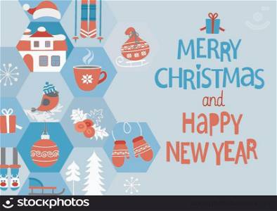 Abstract Christmas Greeting Card. Merry Christmas and Happy New year lettering. Winter icons set. Vector illustration.. New Year and Christmas Greeting Card.