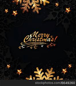 Abstract Christmas greeting card with golden snowflakes