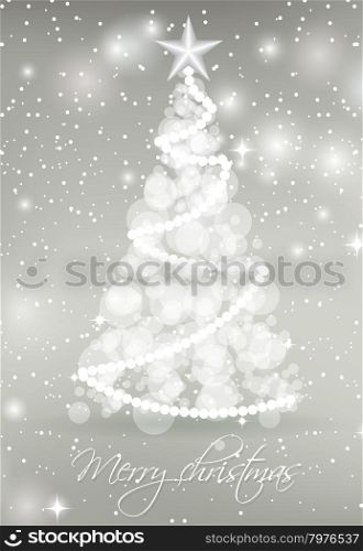 Abstract Christmas tree from circle lights on silver background with stars and snowflakes. Vector illustration for poster, web, greeting card.