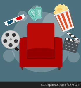 Abstract Cinema Flat Background with Reel, Old Style Ticket, Big Pop Corn and Clapper Symbol Icons. Vector Illustration EPS10