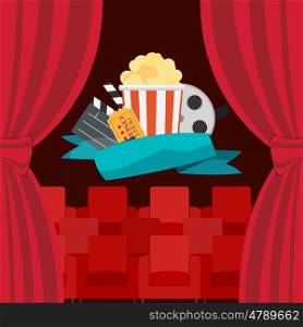 Abstract Cinema Flat Background with Reel, Old Style Ticket, Big Pop Corn and Clapper Symbol Icons. Vector Illustration EPS10