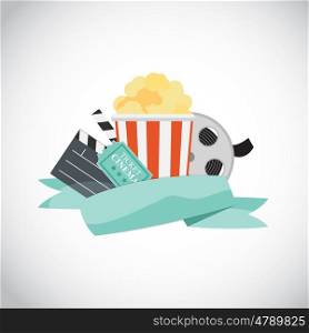 Abstract Cinema Flat Background with Reel, Old Style Ticket, Big Pop Corn and Clapper Symbol Icons. Vector Illustration EPS10