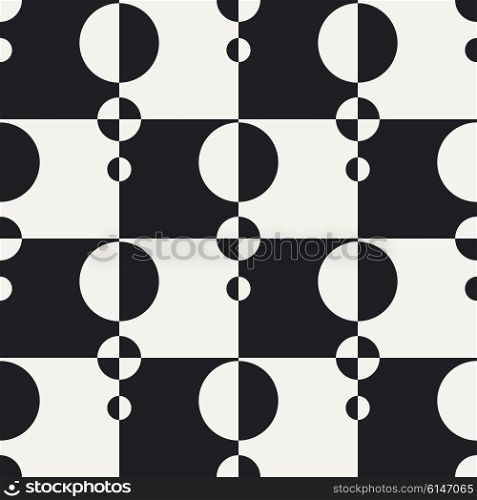 Abstract Circle and Square Pattern. Vector Seamless Black and White Background