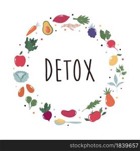 Abstract circle design with detox food. Vector collection of vegetables, herbs, fruits. Abstract circle design with detox food ingredients.