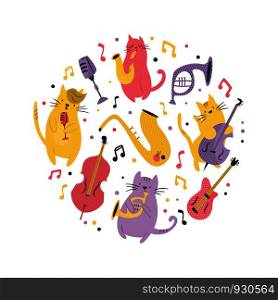 Abstract circle design with funny cats playing musical instruments and singing. Vector illustration. Character design. Pet collection. Jazz musicians. Abstract circle design with funny cats