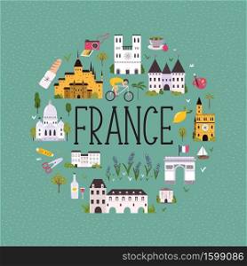 Abstract circle design with landmarks and symbols of France. Design, banner for travel guides, prints, souvenirs. Abstract circle design with landmarks and symbols of France.