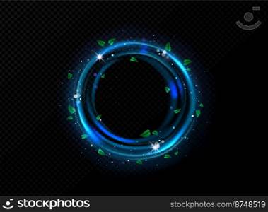 Abstract circle frame of blue wind or water wave with green leaves. Effect of clean, fresh air, spa concept with round border with tea leaves and sparkles, vector realistic illustration. Abstract circle frame with green leaves