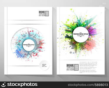 Abstract circle white banners with place for text, watercolor stains and vintage style star burst. Business vector templates for brochure, flyer or booklet.