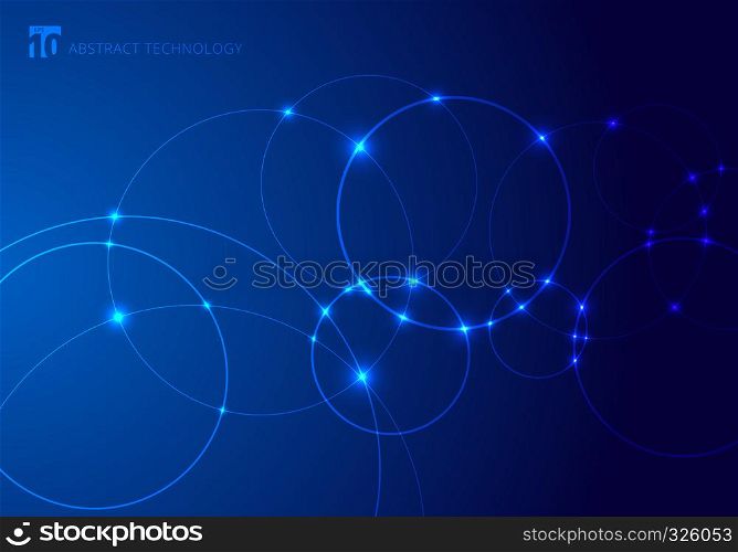 Abstract circles and dots with overlapping on blue background technology style. Future concept. Node molecule structure. Science and connection. banner web with copy space for text. Vector illustration