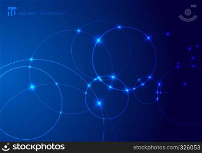 Abstract circles and dots with overlapping on blue background technology style. Future concept. Node molecule structure. Science and connection. banner web with copy space for text. Vector illustration