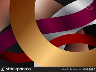 Abstract circles geometric lines metallic gradient color overlapping on black background. Vector graphic illustration