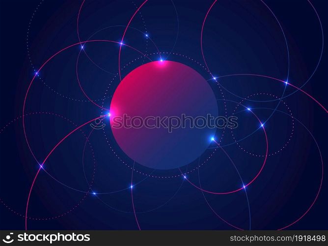 Abstract circles lines and glow light dots on dark blue background. Technology science connection concept. Vector illustration