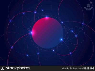 Abstract circles lines and glow light dots on dark blue background. Technology science connection concept. Vector illustration