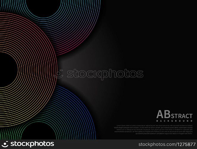 Abstract circles lines overlap layers on black background and gradient line decoration with copy space for text. Vector illustration
