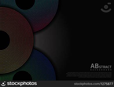 Abstract circles lines overlap layers on black background and gradient line decoration with copy space for text. Vector illustration