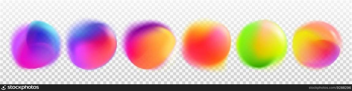 Abstract circles with color rainbow gradient blur. Palette of round vibrant dots. Texture of radial multicolor spots isolated on transparent background, vector realistic illustration. Abstract circles with color rainbow gradient blur
