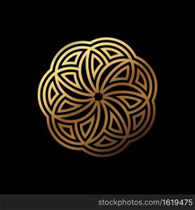 Abstract Circular Geometric Symbol Design with Modern Style and Shinny Golden Color. Isolated on Black Background.