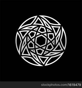 Abstract Circular Geometric Symbol Design with Modern Style and Shinny Silver Color. Isolated on Black Background.