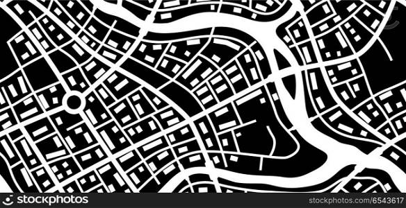 Abstract city map banner.. Abstract city map banner. Black and white illustration of streets, roads and buildings.