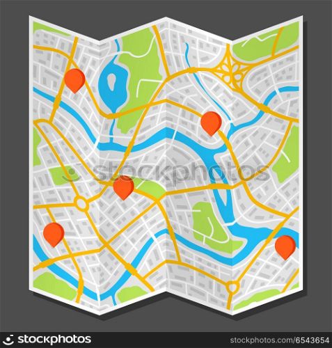 Abstract city map with markers.. Abstract city map with markers. Illustration of streets, roads and buildings.