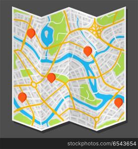 Abstract city map with markers.. Abstract city map with markers. Illustration of streets, roads and buildings.