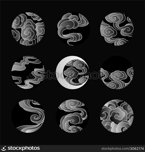 Abstract cloud vector line art illustration in circle,round,lunar and eclipse shape. Gradient style as tattoo,logo,decorative.
