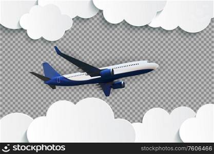 Abstract Clouds with flying realistic 3D airplane on a transparent background. Vector Illustration. EPS10. Abstract Clouds with flying realistic 3D airplane on a transparent background. Vector Illustration