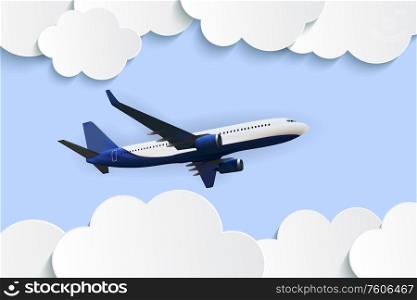Abstract Clouds with flying realistic 3D airplane Vector Illustration. EPS10. Abstract Clouds with flying realistic 3D airplane Vector Illustration