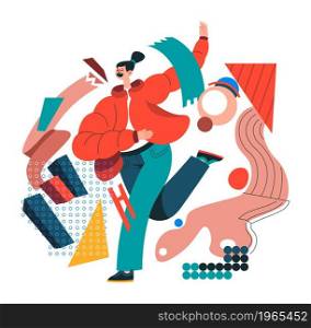 Abstract collage with female character skating or skiing and smiling. Woman wearing warm clothes for winter. Geometric composition with shapes and minimalist forms. Vector in flat style illustration. Skating in winter, active hobby and rest vector