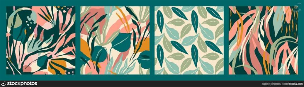 Abstract collection of seamless patterns with tropiclal leaves . Vector design for paper, cover, fabric, interior decor and other users.. Abstract collection of seamless patterns with tropiclal leaves . Vector design