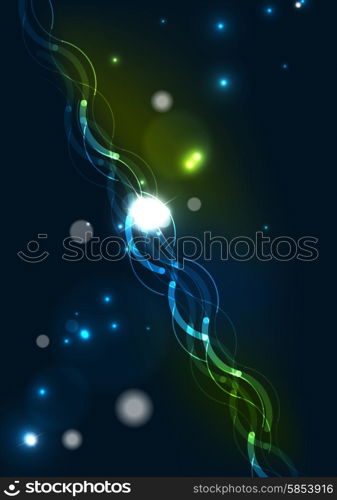 Abstract color glowing lines in dark space with stars and light effects. Abstract color glowing lines in dark space with stars and light effects. Futuristic background with copyspace for your message