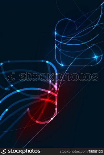 Abstract color glowing lines in dark space with stars and light effects. Abstract color glowing lines in dark space with stars and light effects. Futuristic arrow background with copyspace for your message