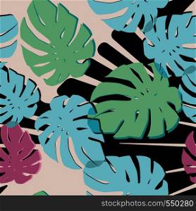 Abstract color monstera tropical leaves seamless vector pattern black white background