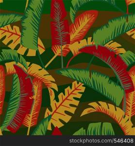 Abstract color palm leaves in cartoon style banana seamless exotic vector wallpaper pattern