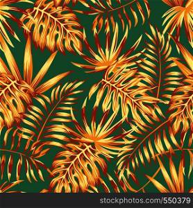 Abstract color palm leaves monstera retro style seamless pattern. Spring wallpaper