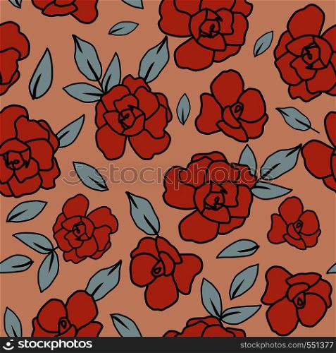Abstract color roses flowers and leaves seamless pattern on the orange background. Vlat vector composition