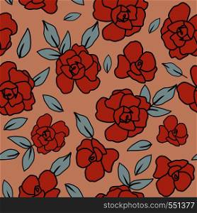 Abstract color roses flowers and leaves seamless pattern on the orange background. Vlat vector composition