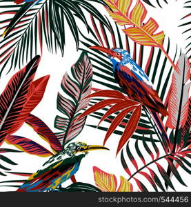 Abstract color tropical birds in the jungle seamless background. Beach palm leaves vector pattern wallpaper