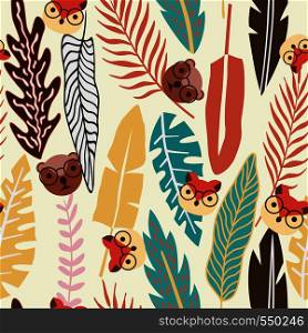 Abstract color tropical leaves and cartoon flat animal fox and bear trendy background seamless vector pattern