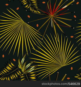 Abstract color tropical leaves dark grey background. Seamless pattern vector jungle trendy wallpaper