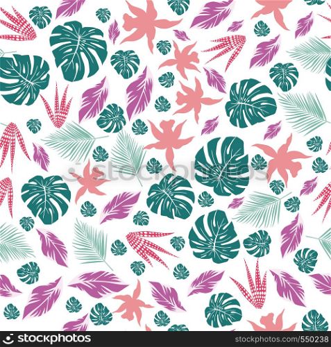 Abstract color tropical leaves monstera and flowers seamless pattern white background