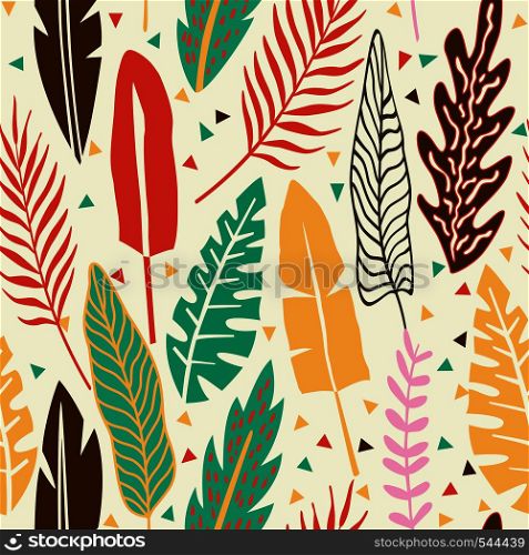 Abstract color tropical leaves seamless beach composition. Flat cartoon background
