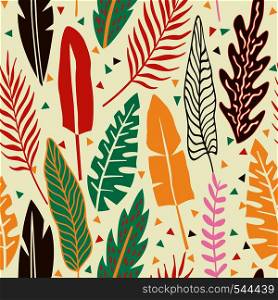 Abstract color tropical leaves seamless beach composition. Flat cartoon background